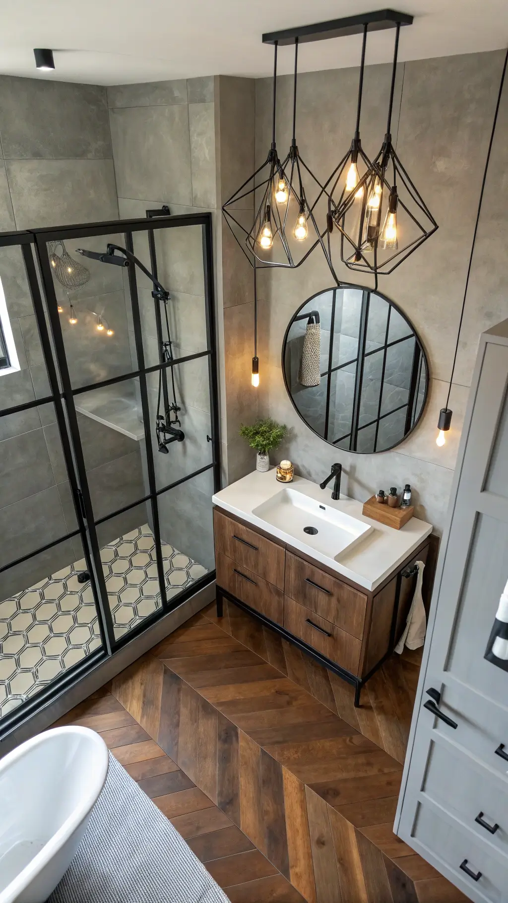 Overhead view of a modern industrial bathroom with black steel-framed shower, grey microcement walls, floating vanity with live-edge walnut slab, oversized round mirror reflecting a statement chandelier, and herringbone-laid reclaimed wood floor.