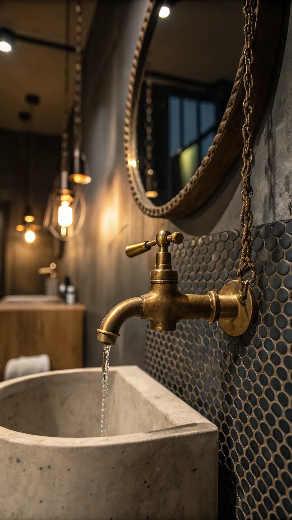 Industrial chic powder room at dusk with antiqued brass faucet, concrete sink, black steel penny tiles, wall-mounted brass sconces and vintage factory mirror