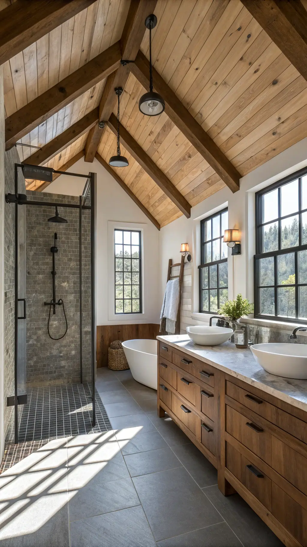 Sunlit master bathroom with vaulted wooden ceiling, black grid rainfall shower, reclaimed wood double vanity, and vintage ladder towel rack