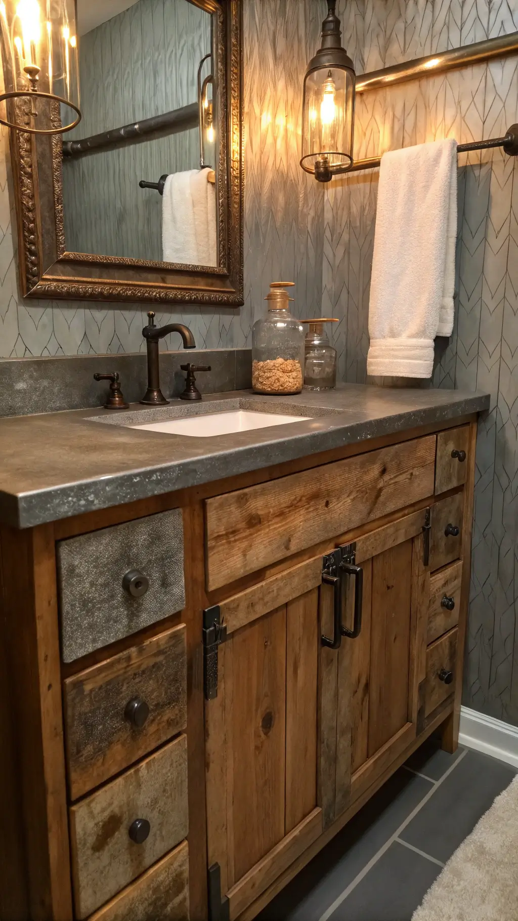 Rustic industrial vanity nook with distressed zinc countertop, rough wooden cabinet, mason jar sconces, and copper pipe towel bar at twilight