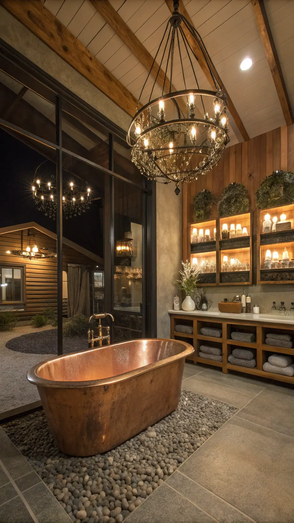 Luxurious industrial bathroom at night with a copper soaking tub under a large iron and glass chandelier, pebble shower base, a steel-framed floor-to-ceiling mirror, and a reclaimed wood wall with floating metal shelves and vintage apothecary bottles