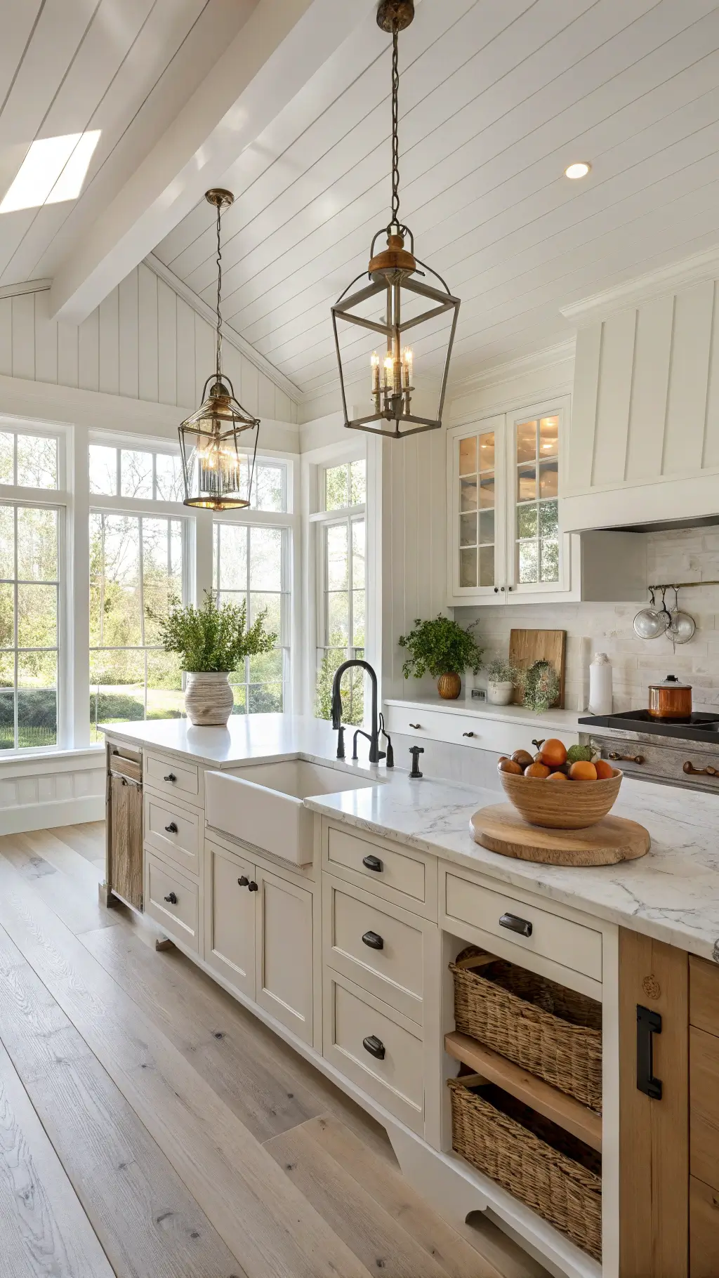 Sunny farmhouse kitchen with white shiplap walls, oak floors, Carrara marble island, black farmhouse sink, vintage brass pendant lights, and decorated with terracotta pots, wooden cutting boards, and ceramic canisters