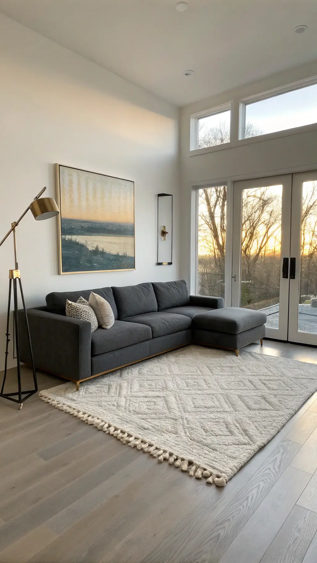 Minimalist sanctuary with charcoal gray sectional, brass floor lamp, ivory wool rug, abstract canvas, bathed in golden hour light through floor-to-ceiling windows.