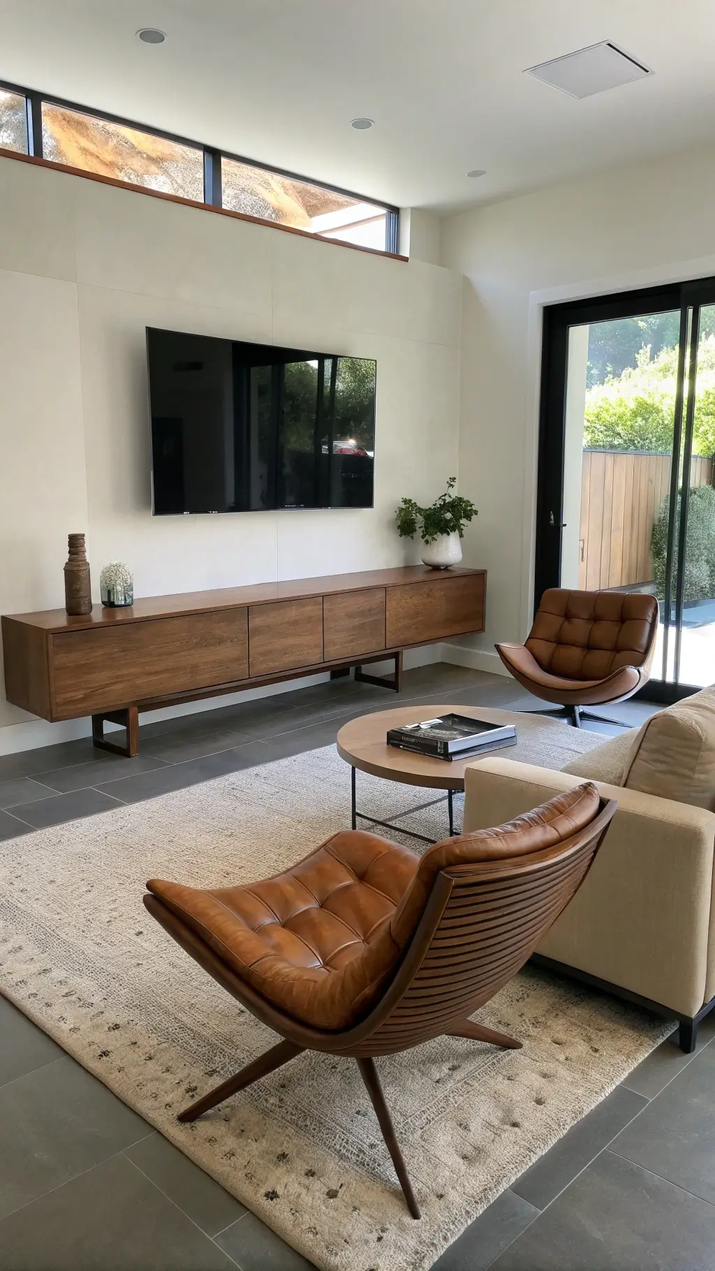 Modern living room with wall-mounted TV over walnut media console, oatmeal linen sofa, mid-century leather lounge chair in cognac and a cylindrical glass coffee table, all arranged with a focus on clean lines, negative space and texture.