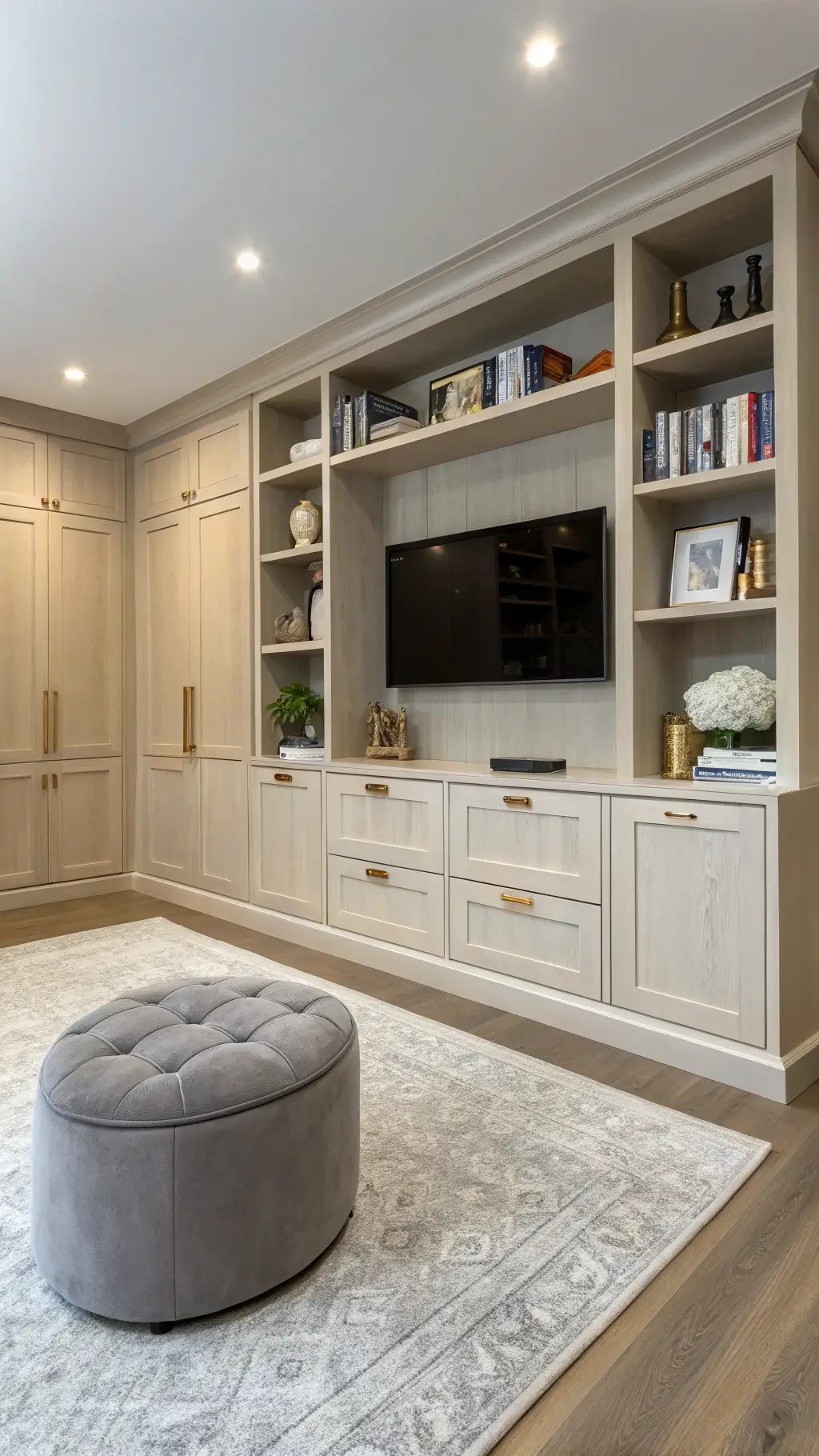 Contemporary 16x20ft space with full wall white oak shelving, gray velvet ottoman, minimal brass hardware, and matte greige floating cabinets under soft overhead lighting.