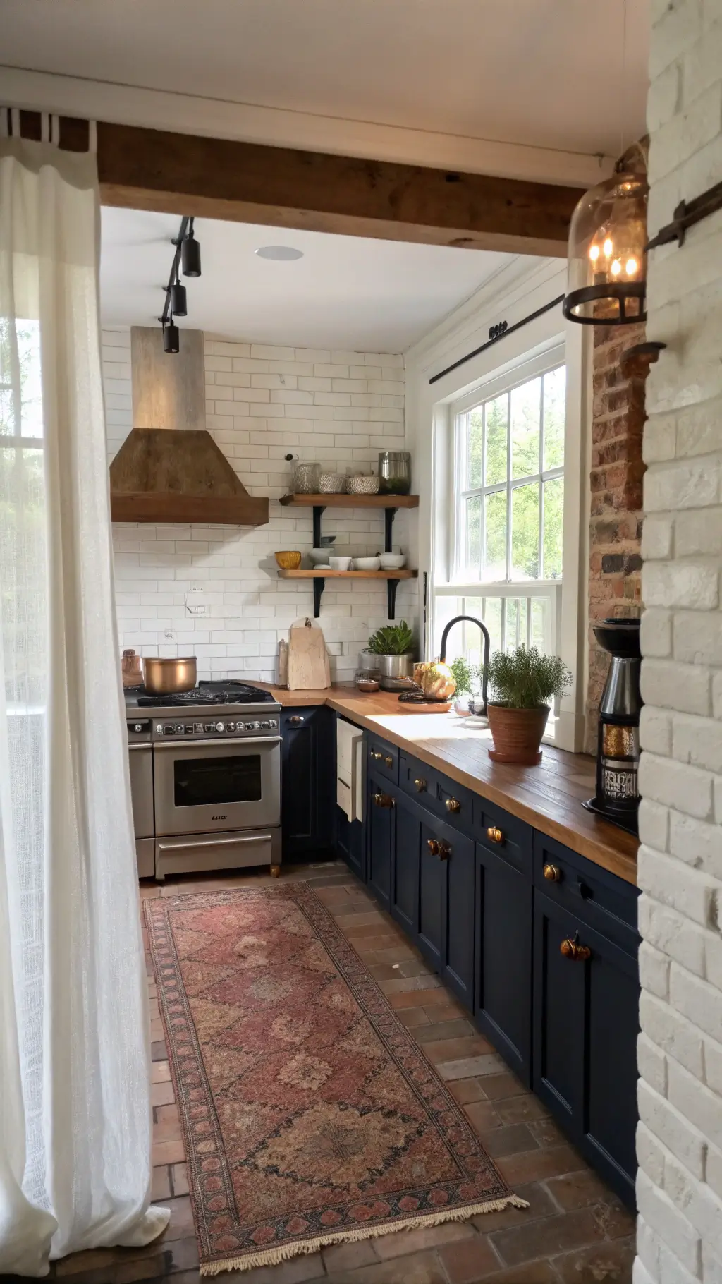 Cozy farmhouse kitchen with white brick walls, navy cabinets, butcher block countertops, and industrial open shelving, styled with copper cookware and fresh vegetables, under morning light filtering through cafe curtains.