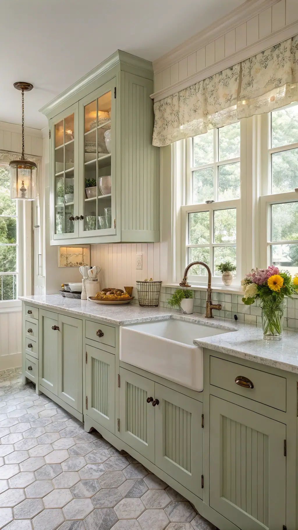 Vintage farmhouse kitchen with sage beadboard cabinets, marble hex tile floor, farmhouse sink with brass faucet, and cozy breakfast nook, styled with white pitchers and fresh flowers