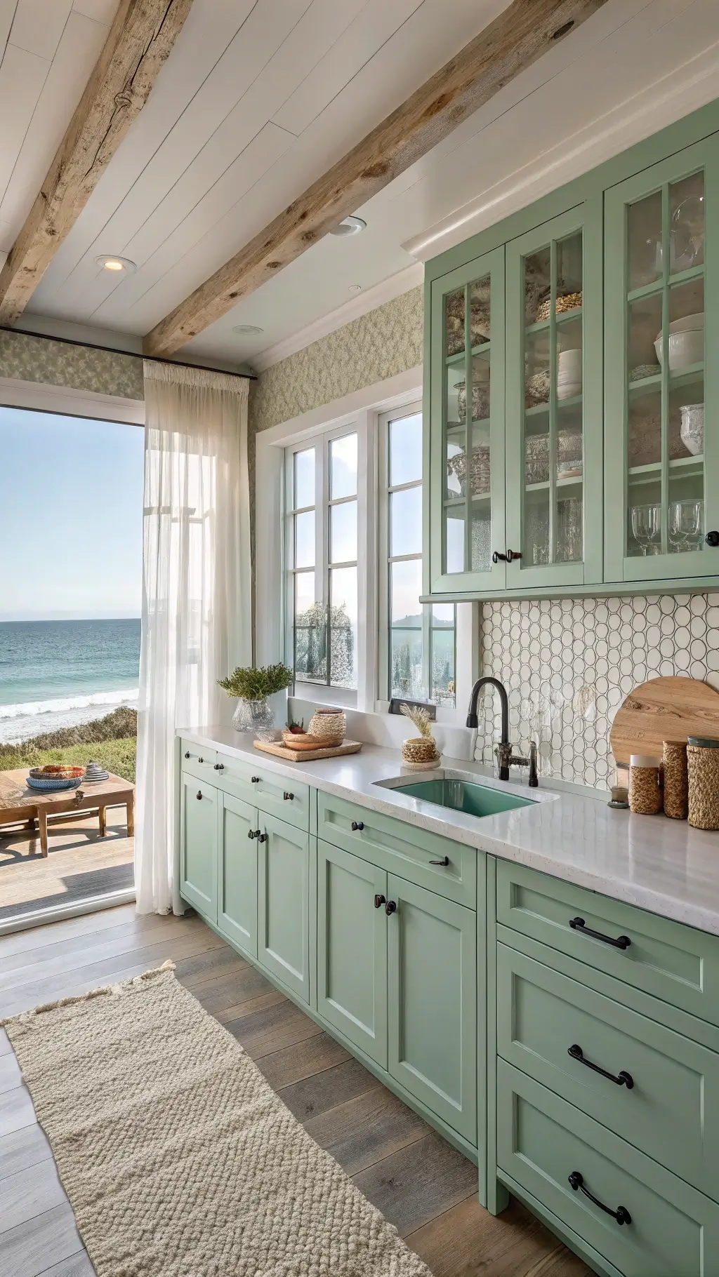 Airy coastal kitchen with sea glass green cabinets, white oak counters, mesh cabinet inserts, and handmade tile backsplash, decorated with beach glass collection, driftwood, and maritime artifacts, overlooking the ocean in afternoon light.