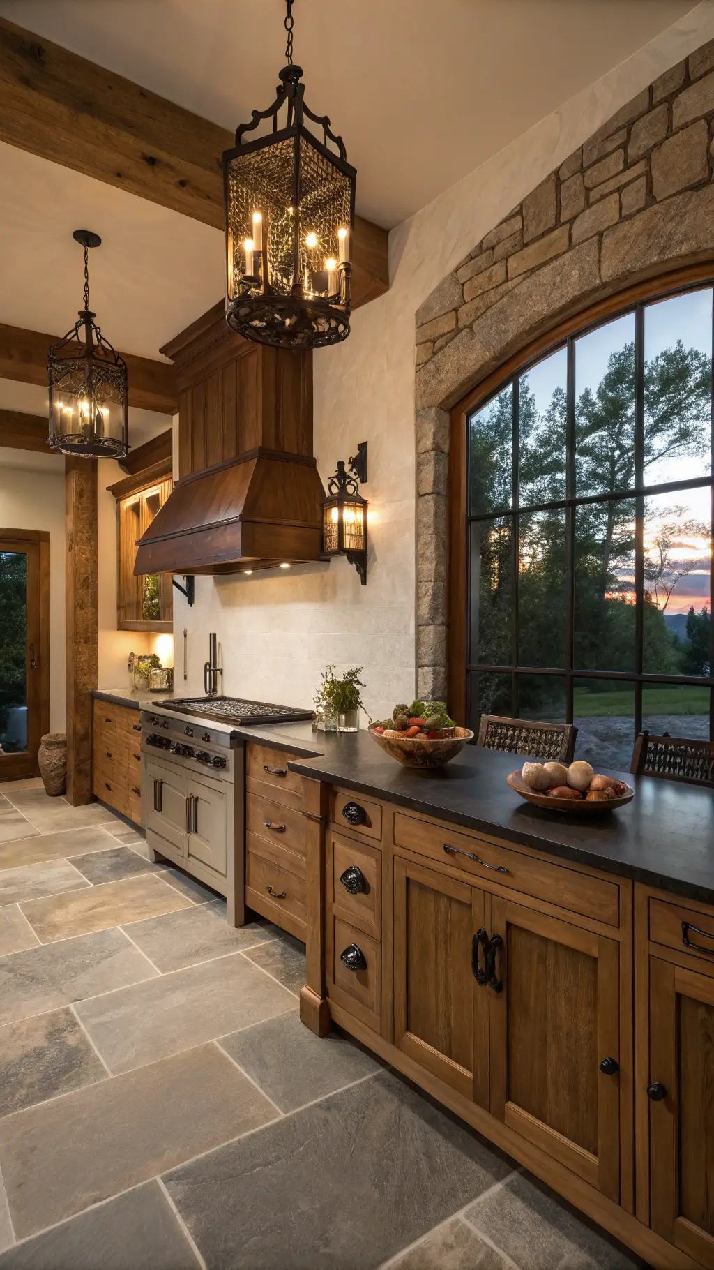 Dramatic dusk-lit craftsman-farmhouse kitchen featuring quartersawn oak cabinets, soapstone counters, wrought iron chandelier, and vintage copper accents against white plaster walls.
