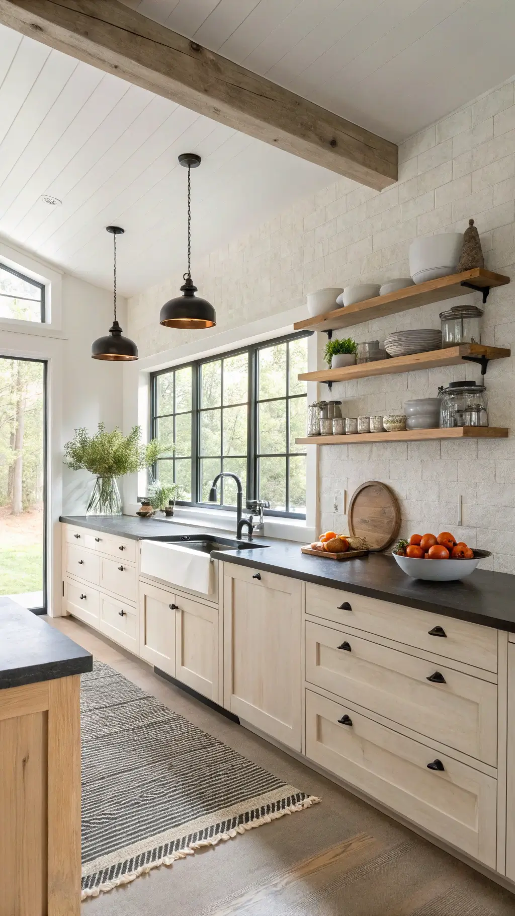 Minimalist modern farmhouse kitchen with bleached oak floating shelves, black granite countertops, steel windows and vintage matte black pendants; styled with modern ceramics and geometric textiles in a warm white, pale oak, and subtle gray palette.