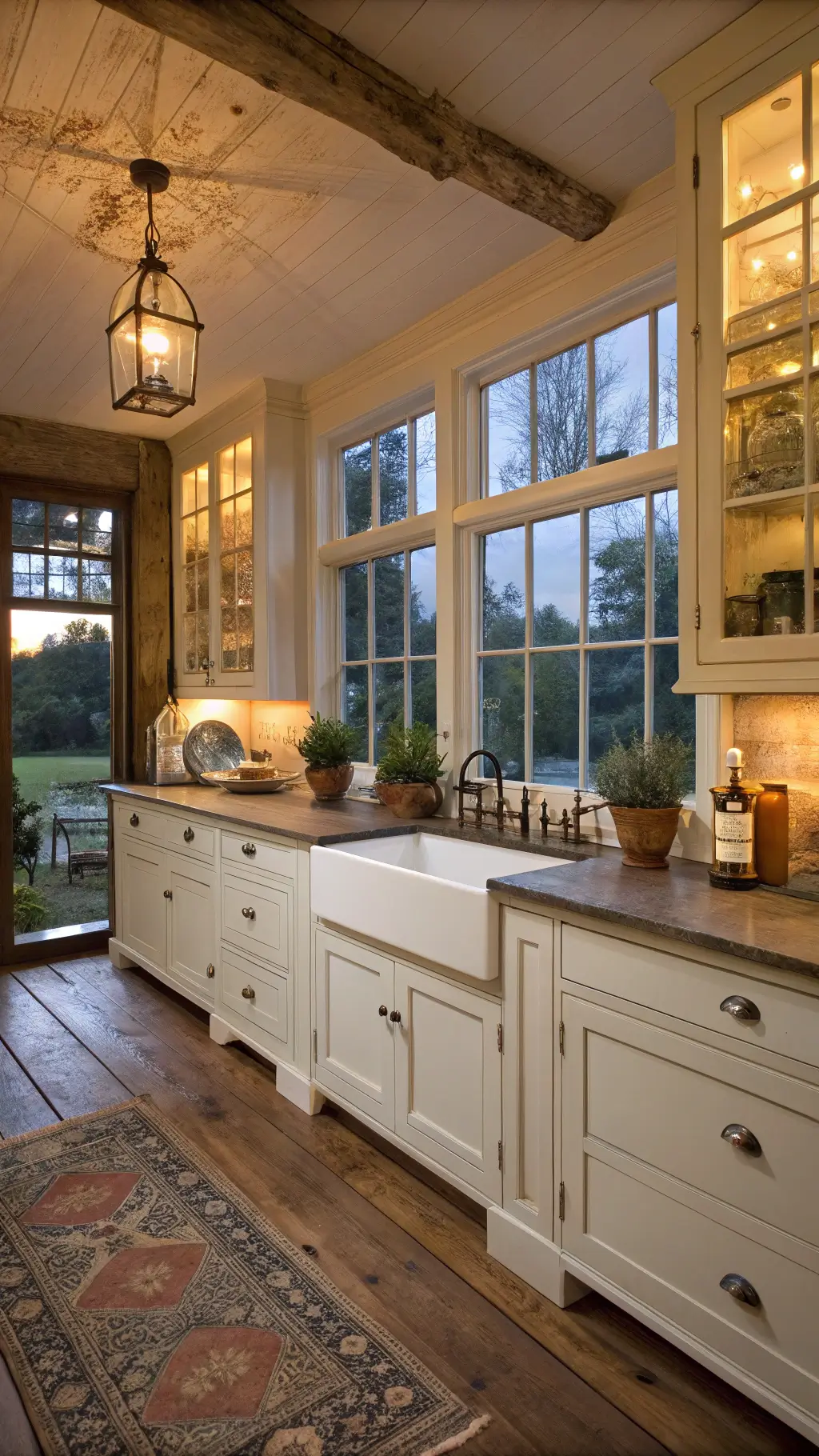 Traditional farmhouse kitchen with creamy white cabinets, apron sink, pine floors, and pressed tin ceiling bathed in early evening light, viewed from the butler's pantry entrance