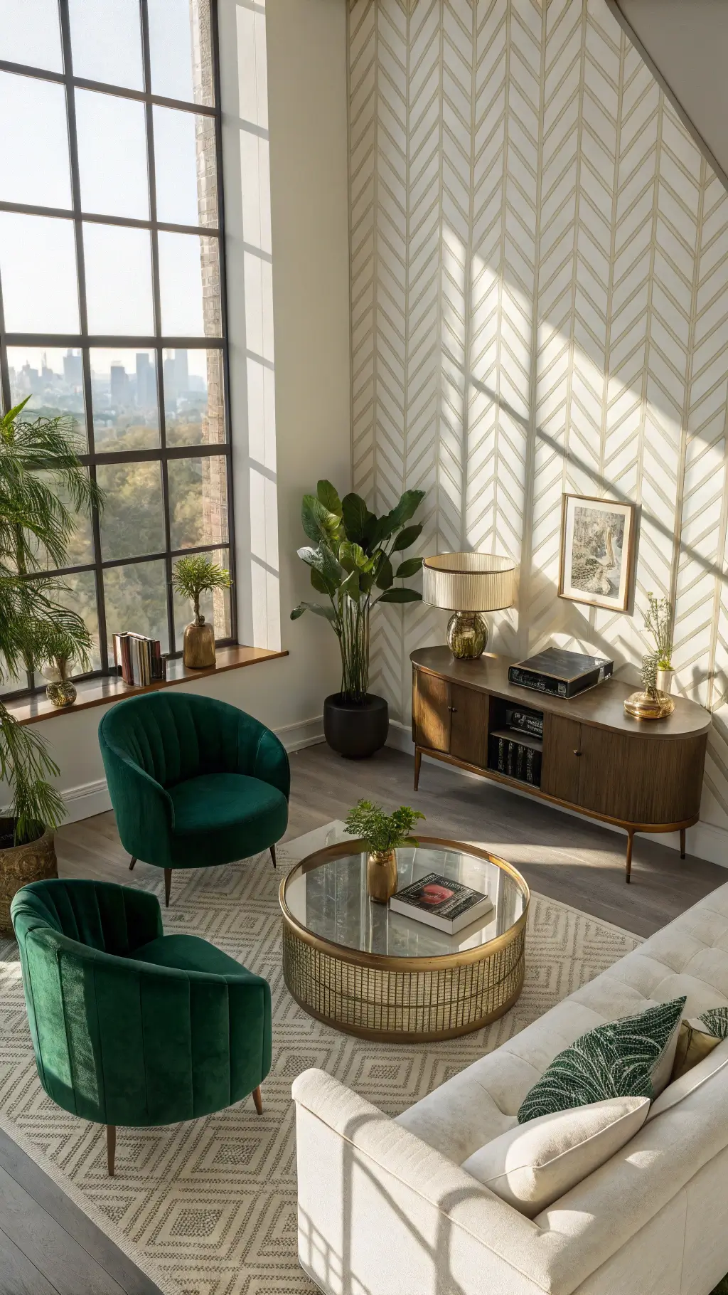 Bright, spacious mid-morning living room with dramatic shadows cast by architectural window grid, featuring circular arrangement of emerald green velvet armchairs, curved ivory bouclé sofa, brass and smoked glass coffee table, vintage record player on floating teak credenza, statement zigzag wallpaper in muted gold, and spider plants in ceramic planters.