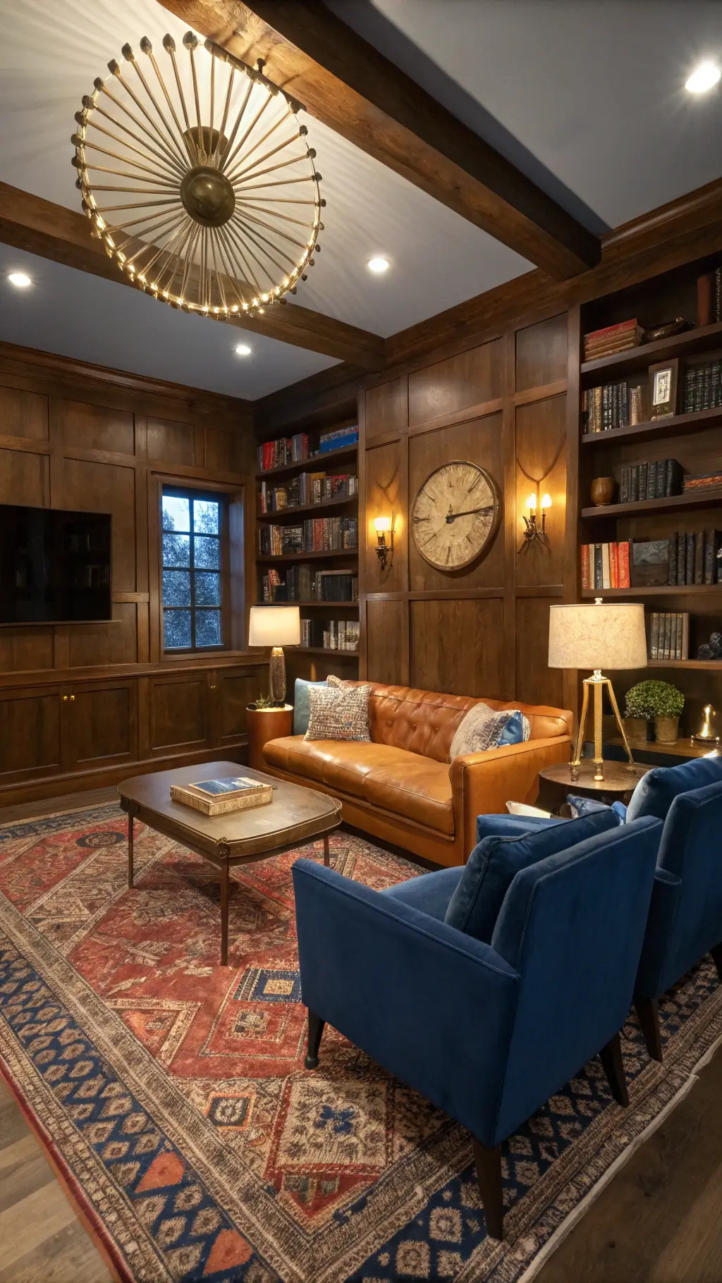 Eye-level view of a cozy den with warm lighting, wood-paneled accent wall with vintage collections, camel leather sofa, blue velvet chairs, sunburst clock, vintage Persian and geometric rugs, and brass table lamps during blue hour.
