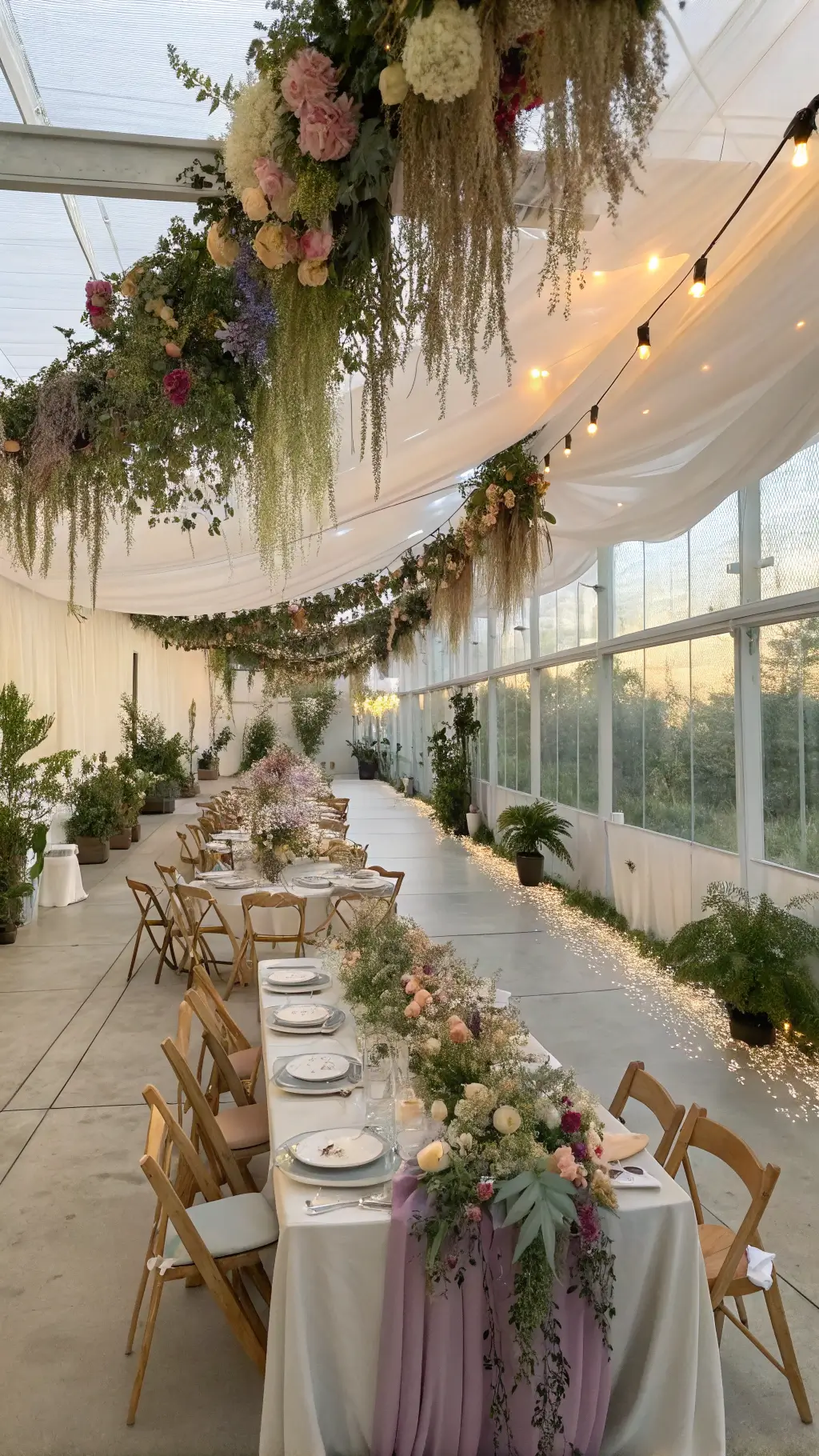 Overhead view of a dining space featuring a suspended garden with fresh and dried pastel flowers, trailing amaranthus, and fairy lights, illuminated by natural skylight filtering through sheer fabric panels.
