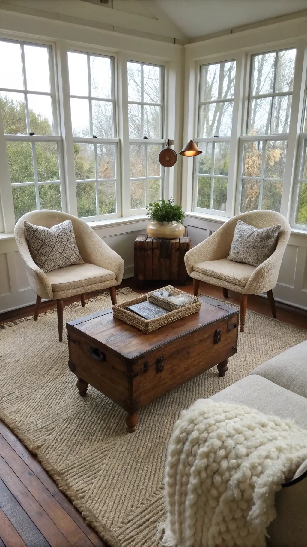 Conversation nook with cream chairs and walnut coffee table, underneath a large window in morning light, adorned with sheepskin throws and vintage side table.