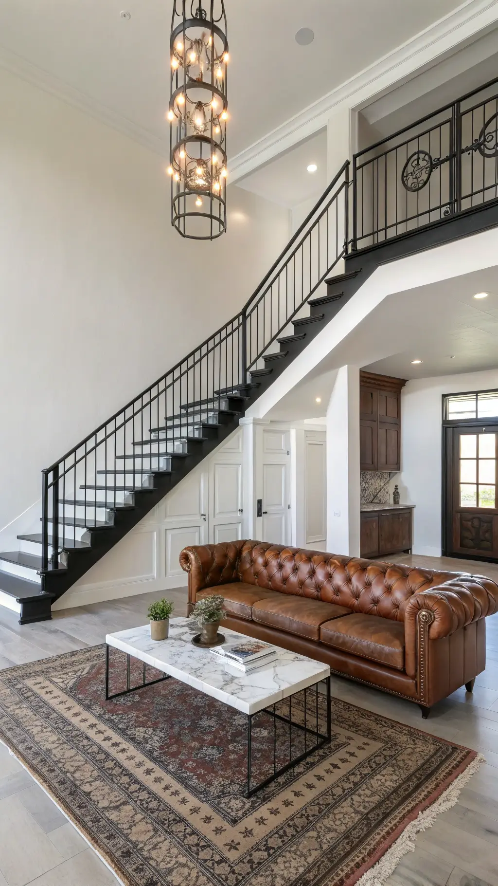Sun-drenched living space with black steel staircase, cognac leather Chesterfield sofa, marble coffee table, vintage Persian rug and Edison bulb chandelier.