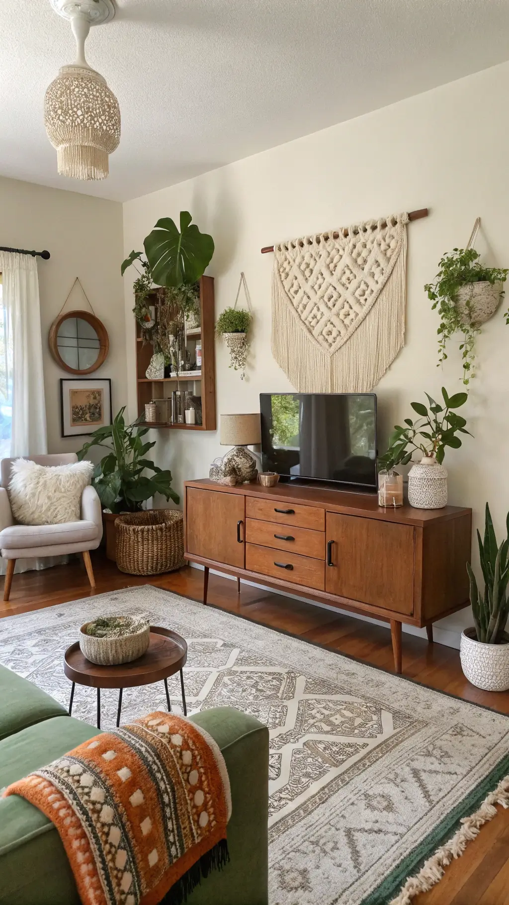 Budget-friendly 14x16ft living room transformation featuring thrifted mid-century furniture, DIY macramé wall hanging, plants, mirrors, crystal clusters, woven throws, and handmade ceramics in tones of ivory, sage, and terracotta, embodying affordable Feng Shui.