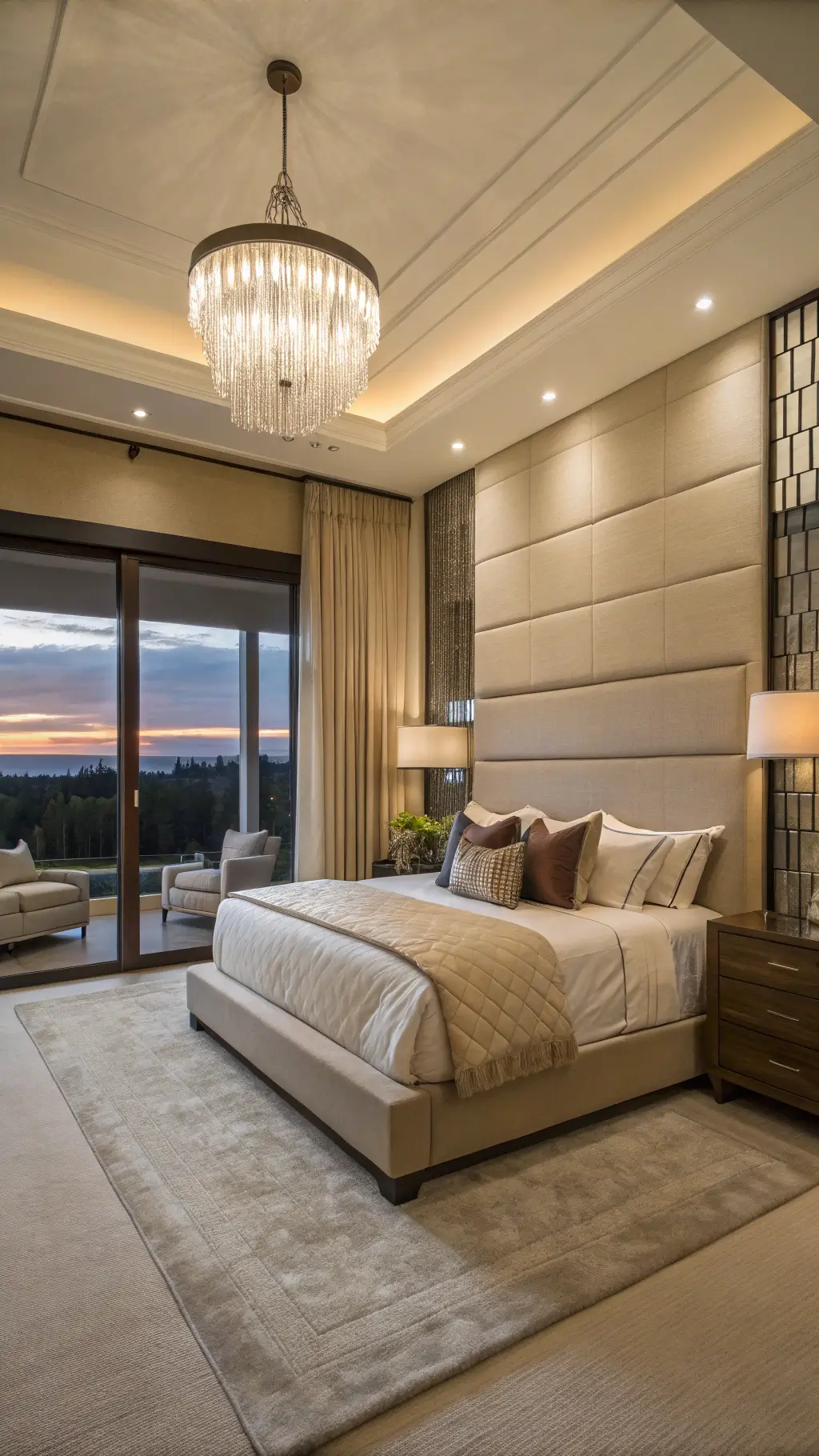 Sophisticated urban master bedroom suite with color-blocked beige walls, platform bed, silk and linen bedding, and floor-to-ceiling champagne silk drapes, illuminated by a modern chandelier and cool evening tones.