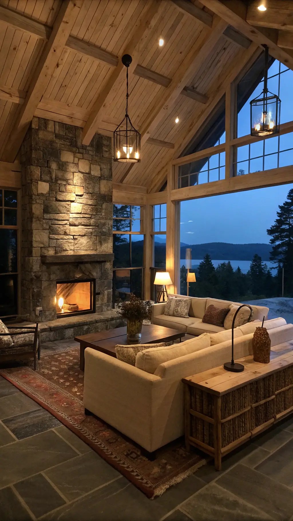 Cozy mountain retreat living room with slate flooring, whitewashed pine walls, a central stone fireplace, oversized linen sectional, reclaimed barrel chairs, layered vintage kilim and jute rugs, and iron and glass pendant lights.