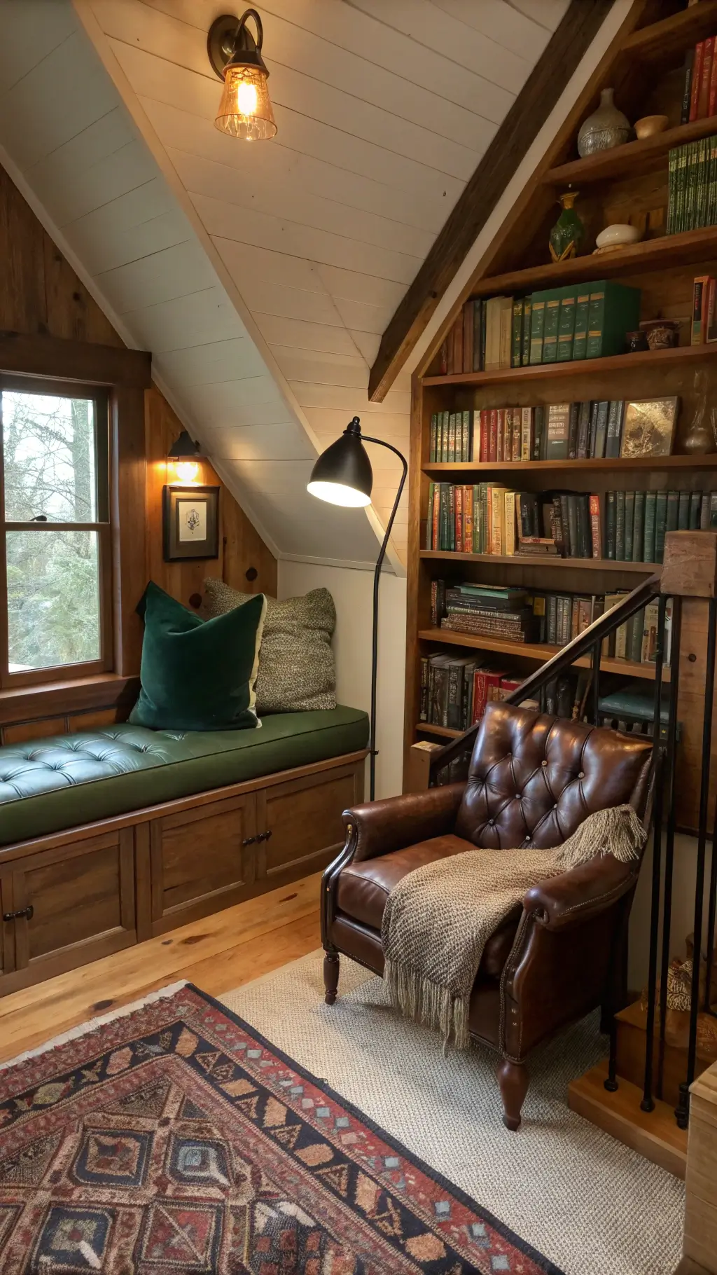 Cozy mountain retreat reading nook under loft stairs with built-in bench, forest green velvet cushions, book shelves, leather chair, brass floor lamp, cable-knit throw, and antique brass wall sconces, illuminated by warm evening light through small window.