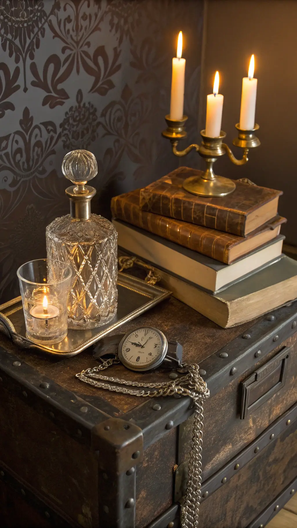 Vintage bedside scene with candlelight illuminating a distressed trunk, crystal decanter, leather-bound books, and a pocket watch on a dark chocolate wall with damask pattern.
