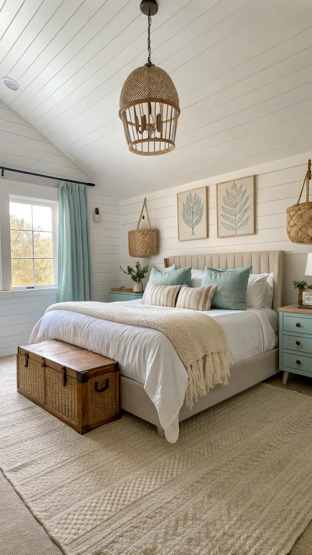 Soothing master bedroom with shiplap accent wall, platform bed with sand-toned bedding, seafoam green pillows, rattan pendant lights and morning light filtering through linen drapes.