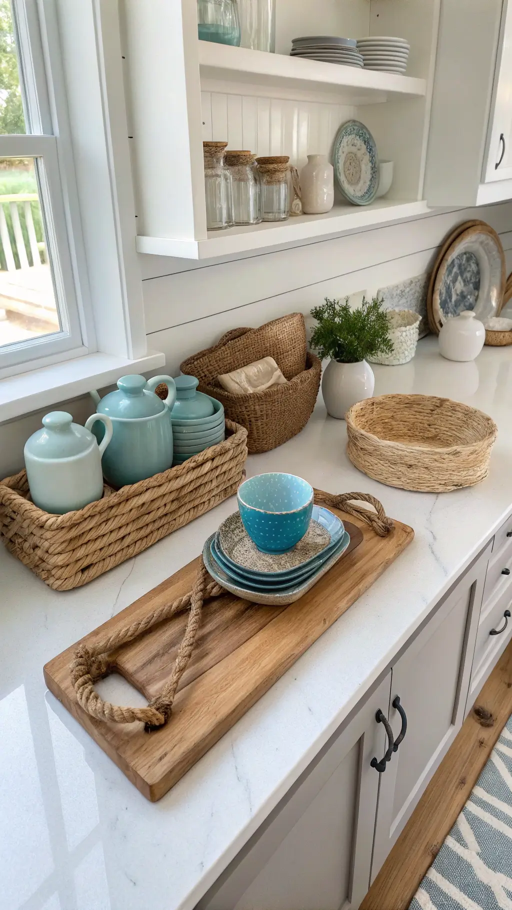Overhead view of a tastefully styled kitchen with white quartz countertop, driftwood board, ocean blue ceramic vessels, rope-handled baskets and artisan pottery displayed on open shelves.