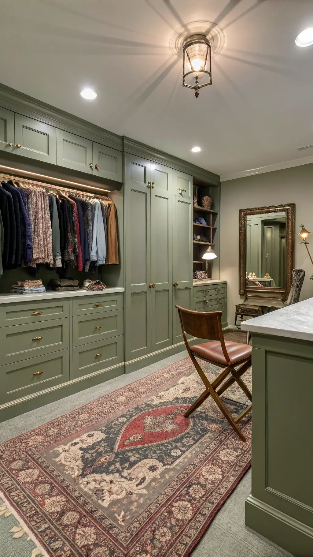 Transitional dressing room at dusk featuring shaker-style sage green cabinetry, vintage Persian rug, leather director's chair, velvet-lined jewelry trays in built-in drawers, brass hardware, sconces, detailed coffered ceiling with crystal flush mount light fixture with dramatic afternoon shadows.