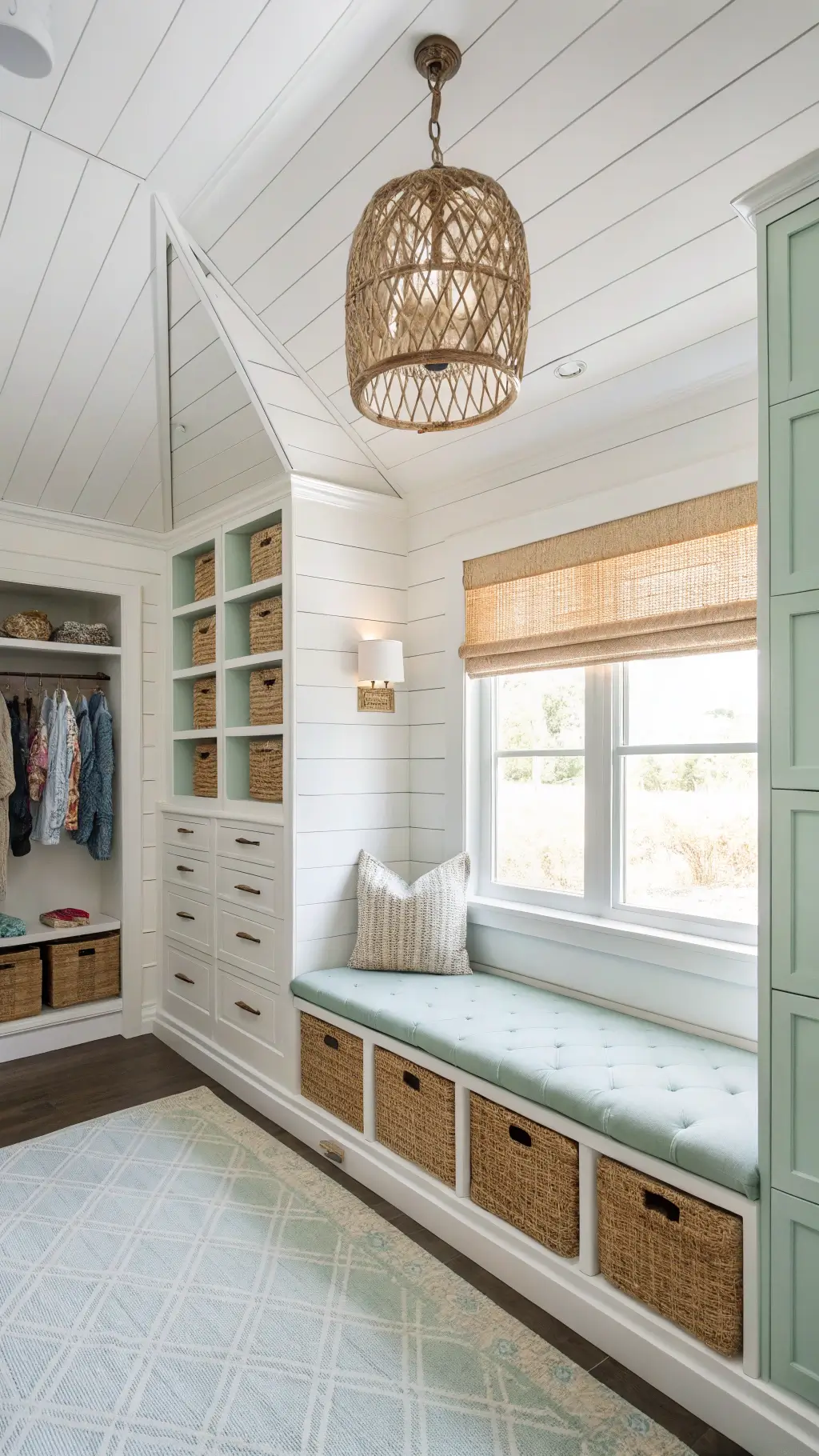 Coastal-inspired 10'x16' dressing suite at noon with shiplap walls, built-in storage and woven basket accents, rattan pendant light above seafoam linen bench, beach glass-colored cabinets, jute carpet and bamboo roman shades, mother of pearl hardware, shot from corner perspective, bathed in bright natural light.