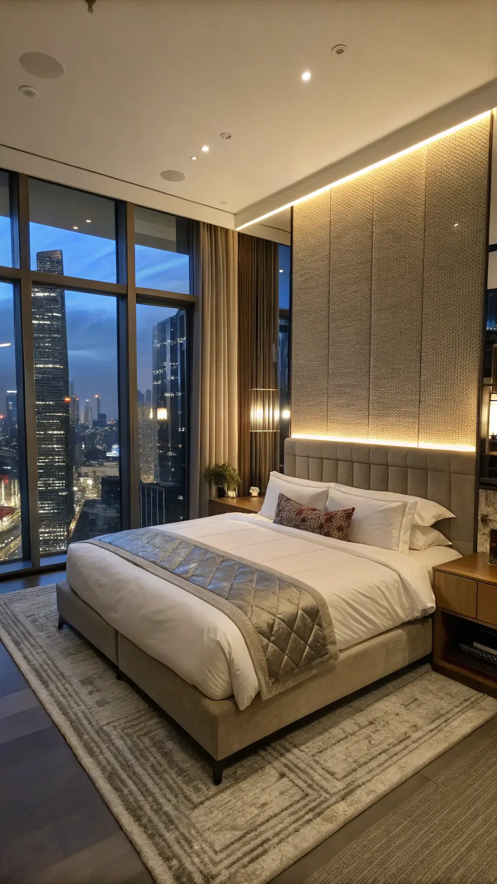 Luxurious hotel-inspired bedroom with cityscape view through floor-to-ceiling windows, greige linen upholstered headboard, floating nightstands with LED lighting, and layered white bedding with metallic geometric throw pillows.