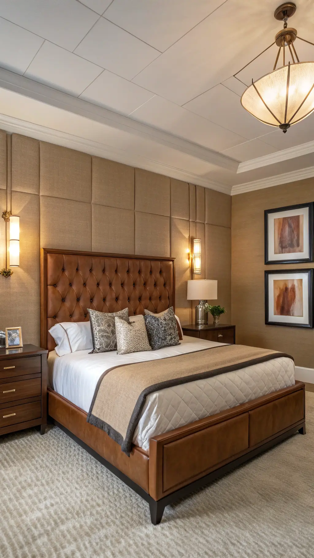 Modern/classic transitional king bedroom with warm putty-colored textured walls, cognac leather headboard, abstract art and soft sconce lighting.