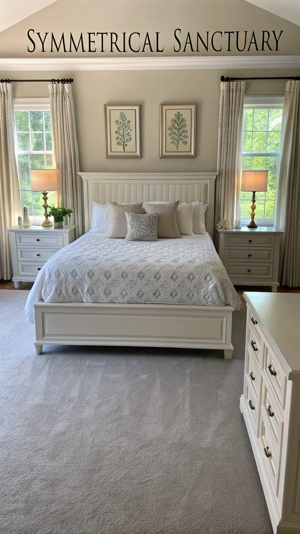 Symmetrical bedroom design with central king bed, matching white nightstands, mercury glass table lamps, framed botanical prints, grey carpet, ivory silk drapes, and soft fill lighting.