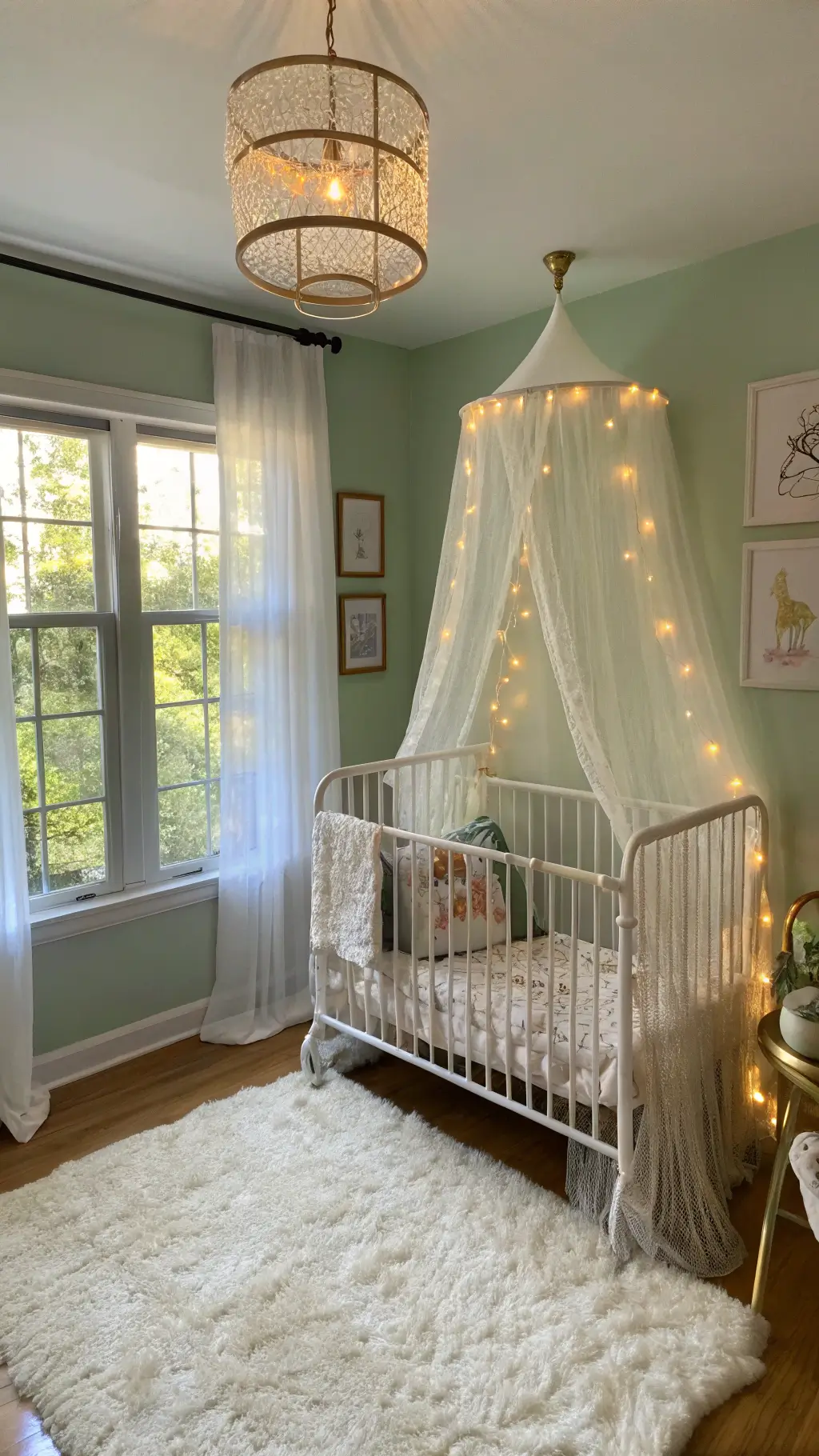 Golden hour sunlight illuminating a serene, sage green nursery with a white iron crib, adorned with fairy lights and tulle canopy, hand-painted woodland creatures on the wall, and crystal prisms casting rainbow light patterns, shot from the door frame at 35mm for depth.