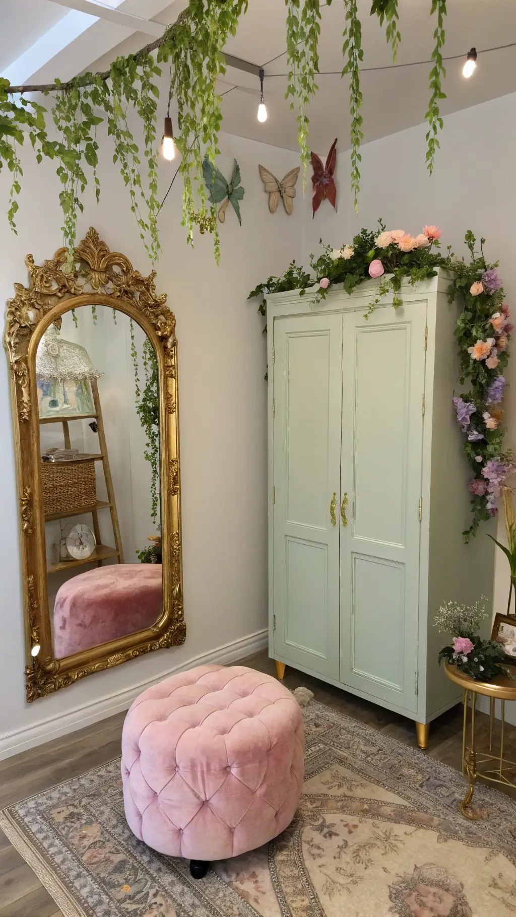 Woodland themed dress-up corner featuring an antique gold-leaf mirror, mint green wardrobe with fairy accessories, handcrafted animal masks, and a pink velvet ottoman on a vintage rug.