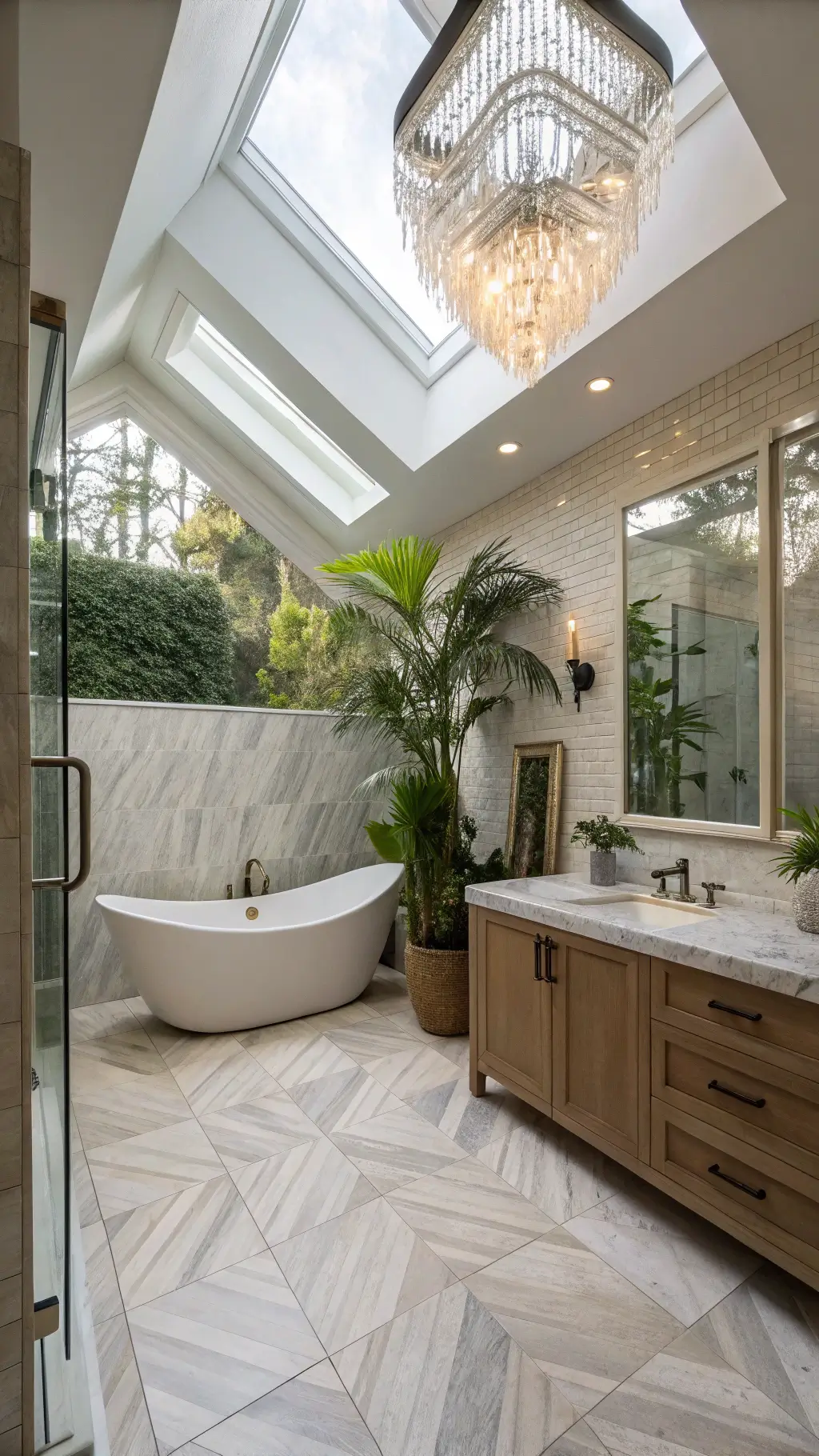 Ethereal morning light illuminating a wellness-focused, spa-like bathroom featuring a freestanding stone tub beneath a crystal chandelier, a walk-in shower with aromatherapy, and a living wall of tropical plants.
