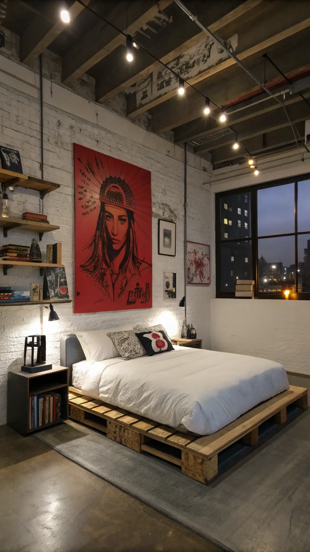 Elevated view of a 12x14ft street-style room at dusk with moody lighting, graffiti art, platform bed, skateboard collection on reclaimed wood shelves, and urban photography books on a steel nightstand.