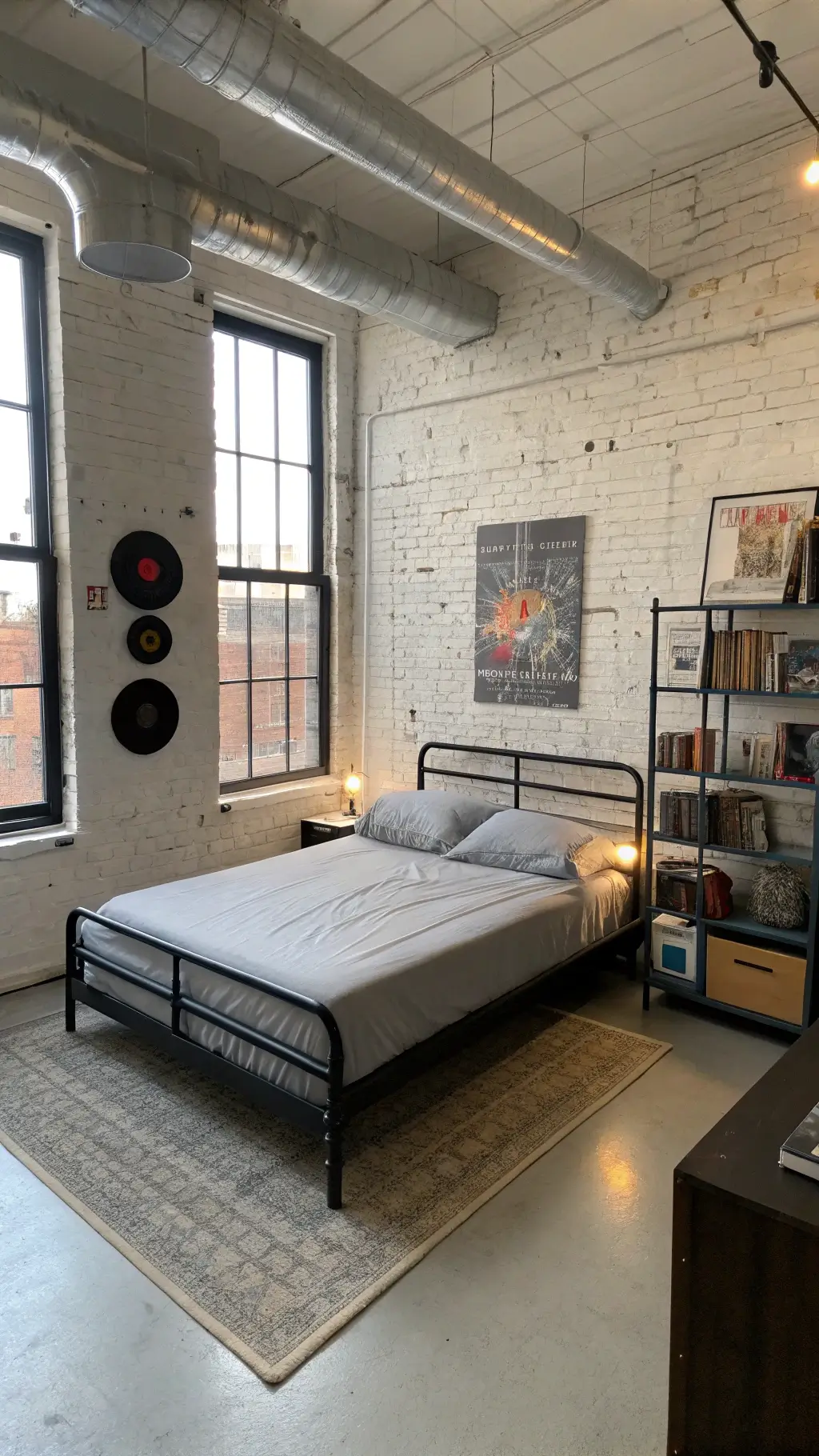Dawn light illuminating a minimalist 14x14ft bedroom with whitewashed exposed brick wall featuring preserved graffiti, platform bed with gray bedding, vinyl record wall and vintage industrial bedside cart.