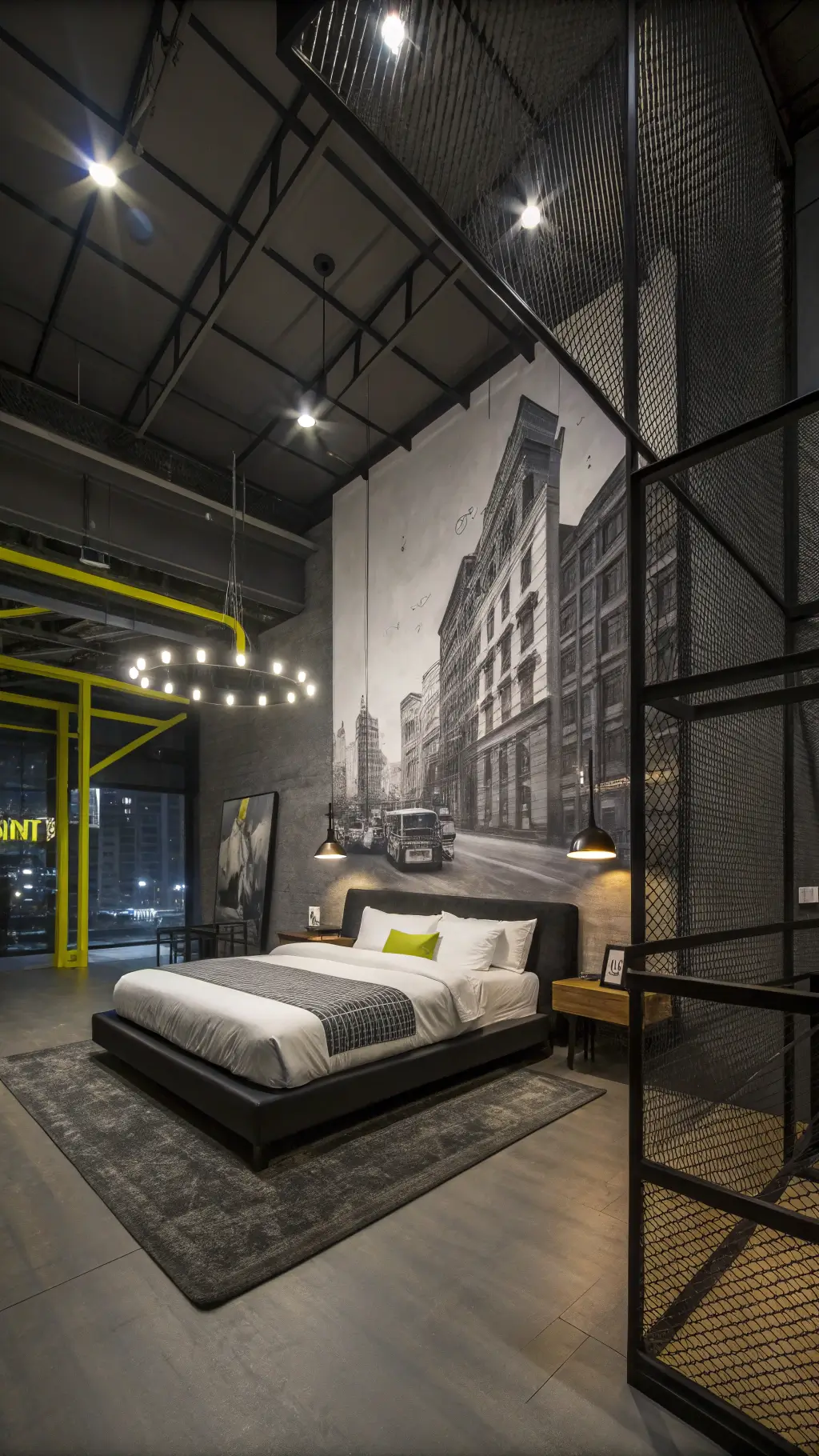 Low-angle view of an urban-themed bedroom with double-height walls featuring floor-to-ceiling grayscale mural with neon yellow accents, modern platform bed, industrial ceiling light fixture, metal mesh room divider with street art, and polished concrete floors with a geometric rug, under dramatic lighting.