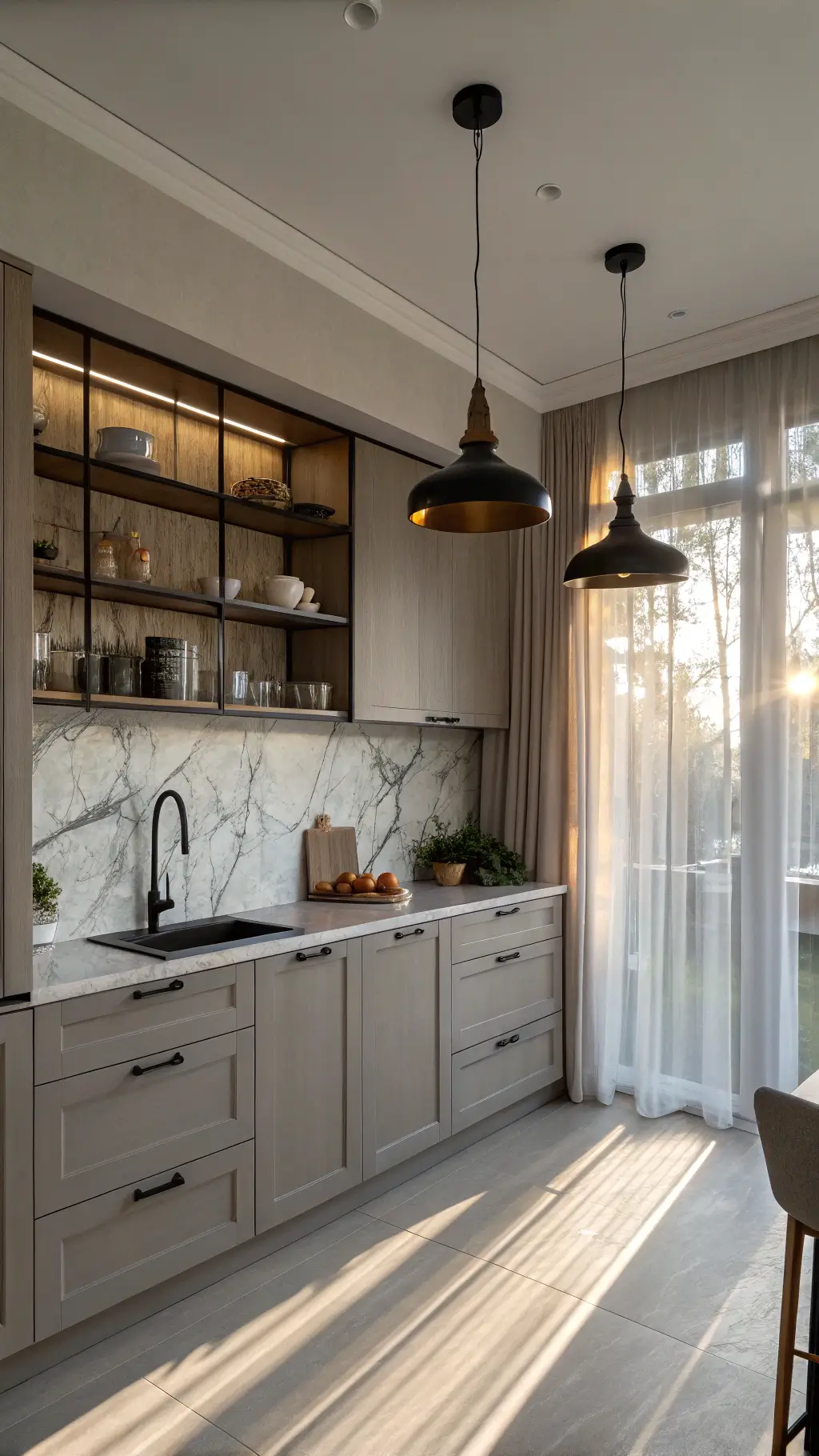 L-shaped kitchen-dining area bathing in golden hour light, accentuating the gray cabinets, marble backsplash, black fixtures and blonde wood shelving displaying ceramics