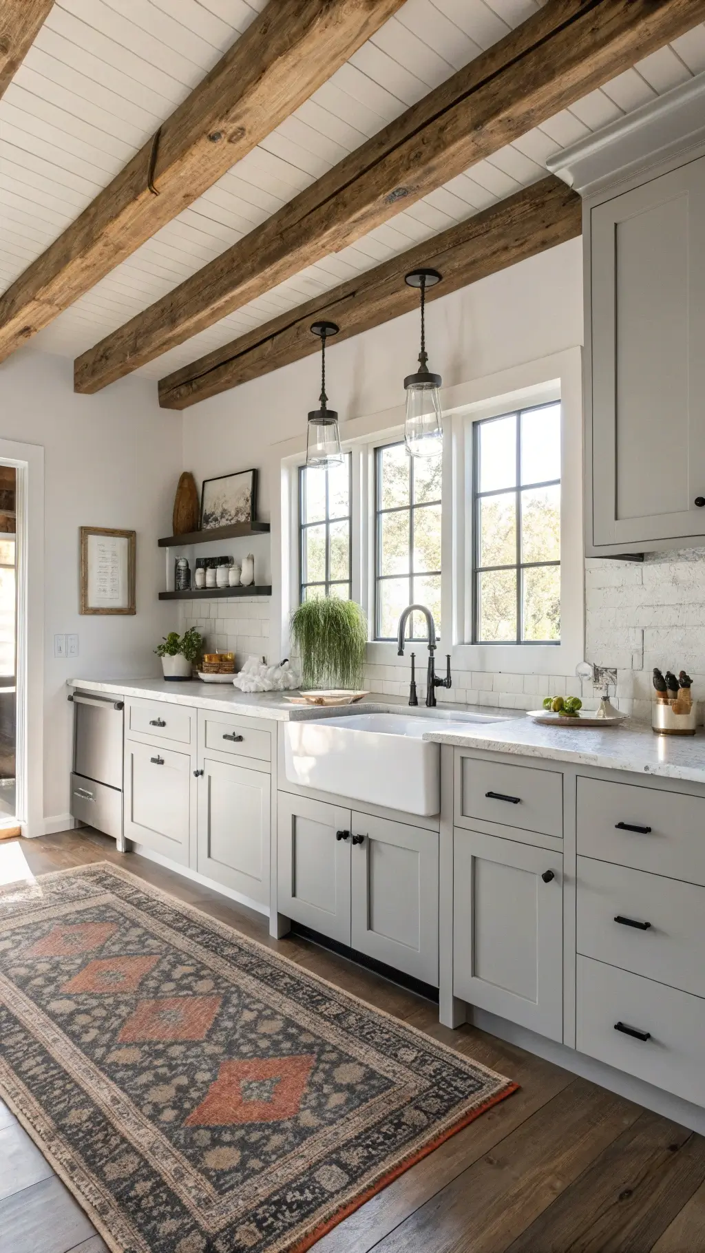 Modern farmhouse kitchen featuring Avondale dove grey cabinets, weathered wooden ceiling beams, white farmhouse sink, mixed metal fixtures and vintage runner under natural morning light