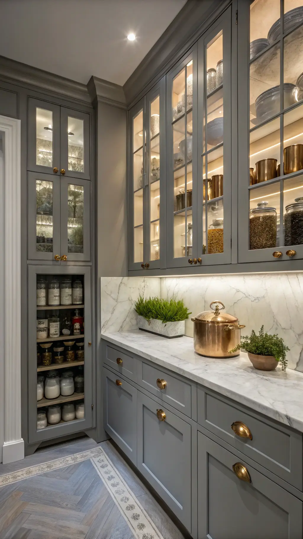 Classic corner kitchen during blue hour with Sterling Gray Courtland cabinets, marble countertops, copper cookware on open shelving, organized glass storage in floor-to-ceiling pantry, potted herbs, and Dutch door offering a garden glimpse