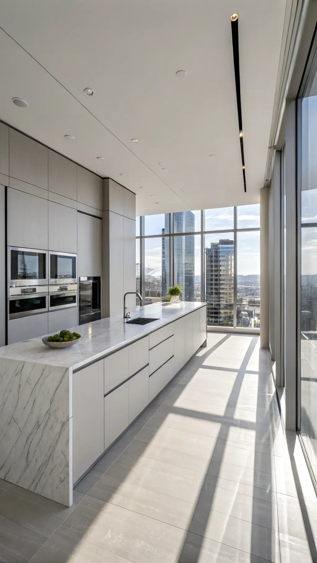 Minimalist kitchen with gray cabinets, double white quartz islands, and stainless steel appliances surrounded by floor-to-ceiling windows with urban views