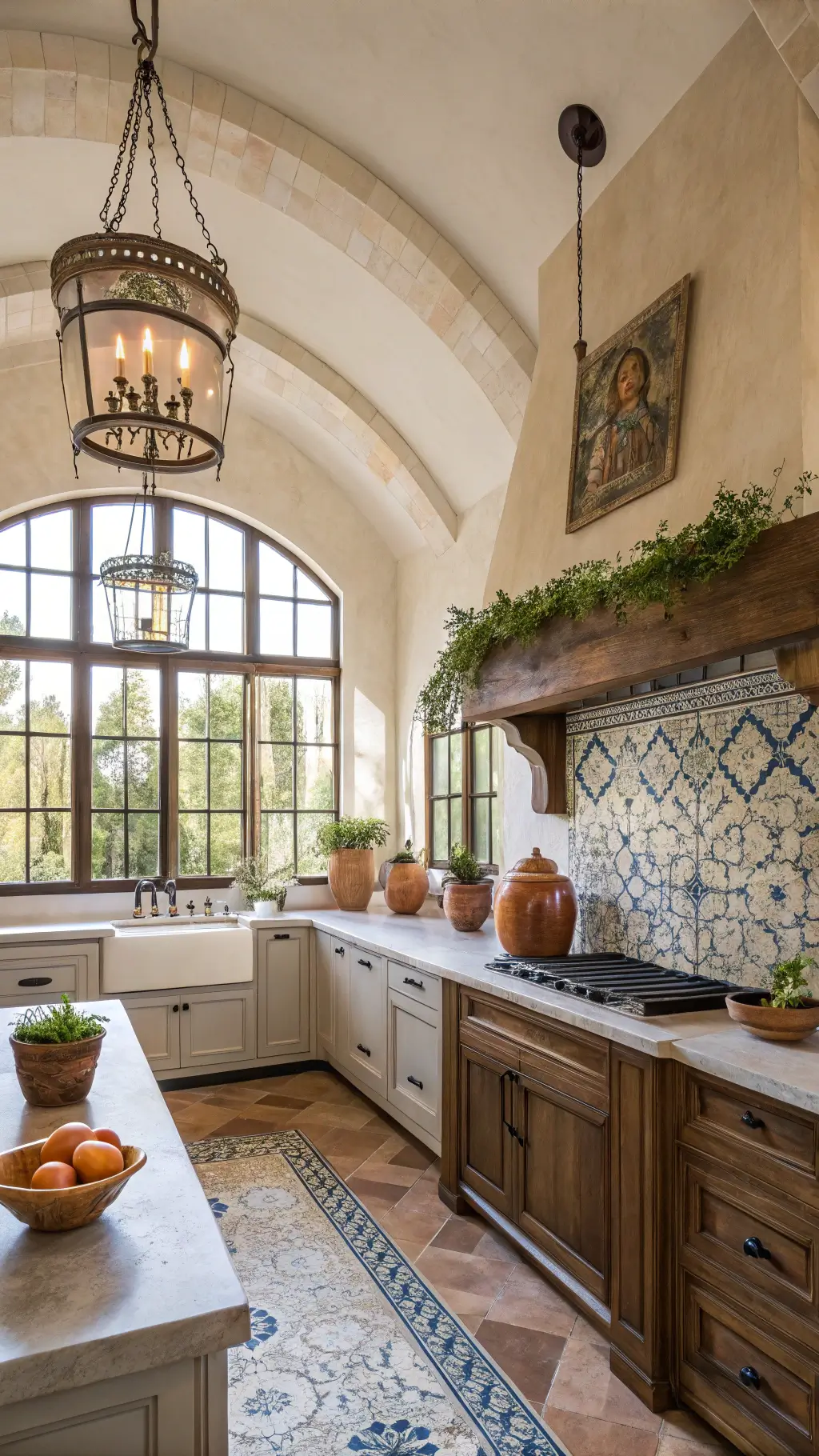 Spacious Mediterranean kitchen with vaulted ceiling, morning light filtering through arched window, hand-painted blue and white backsplash, reclaimed wood island with limestone top, hanging copper pots, and terracotta planters with herbs on windowsill.