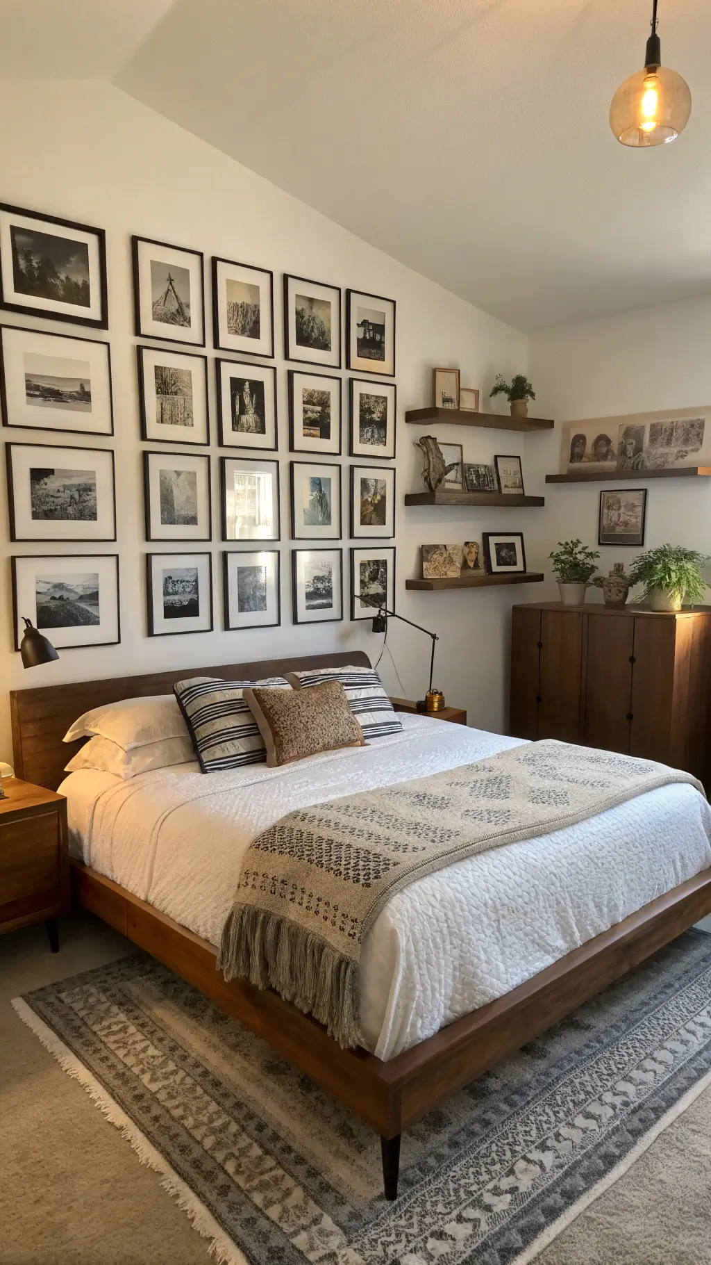 Sunset view of a 12x16ft bedroom with mid-century modern walnut bed, a gallery wall of black and white travel photos, Moroccan handwoven throw, artifacts on floating shelves, illuminated by a vintage brass floor lamp.