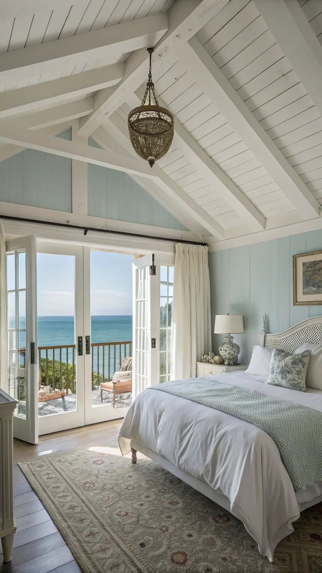 Coastal master suite with French doors opening to sea view balcony, pale blue walls with white ceiling beams, a four-poster bed with white linens, rattan chairs and vintage ceramic lamps, under a pendant light casting patterned shadows.