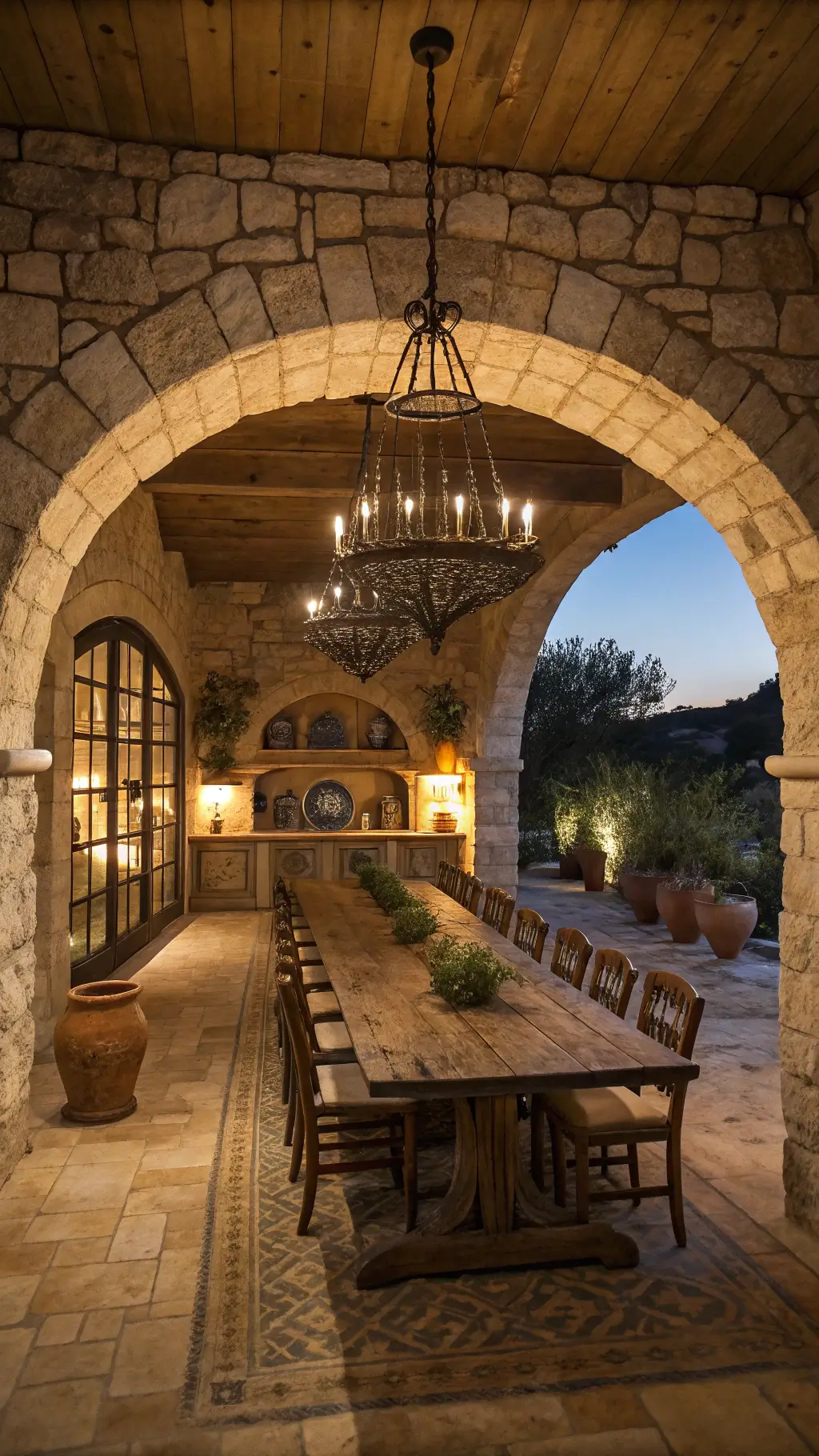Rustic 16x20ft dining sanctuary featuring a limestone archway, reclaimed wood table, rush-seated chairs, stone walls with brass lanterns, antique buffet with tile inlay, and Mediterranean herbs in clay vessels, illuminated by warm ambient lighting and candlelight accents.