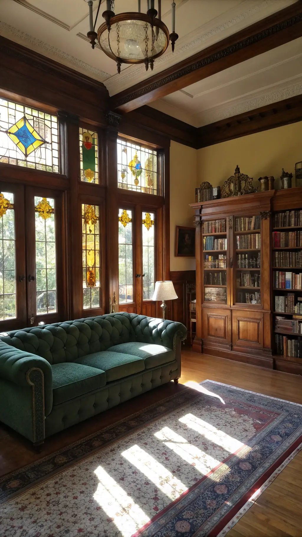 Sun-dappled great room with stained glass panels, a deep forest green fainting couch, an apothecary cabinet full of curiosities, and floor-to-ceiling bookshelves filled with leather volumes and brass objects.