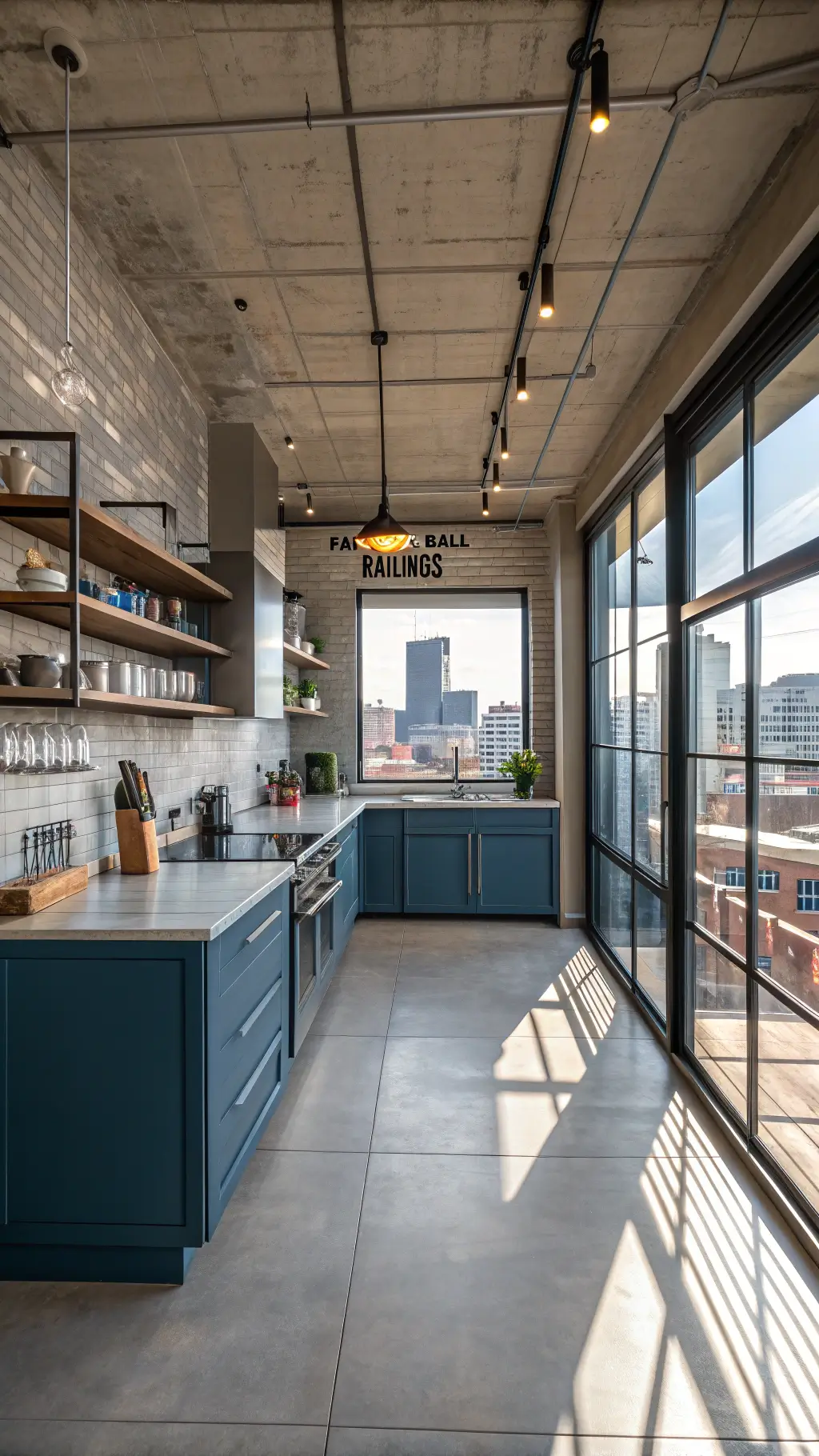 Modern industrial loft kitchen with slate blue-grey cabinets, stainless steel counters, open shelving, and urban views through large windows, lit by strong directional lighting.
