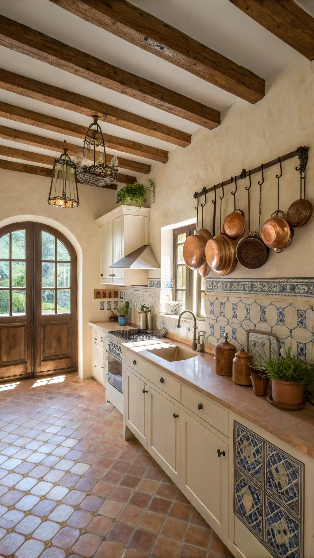 Bright and spacious 16x20ft kitchen with rustic wooden beams, cream walls, limestone counters, copper pots, blue and white tile backsplash, terracotta floor, and arched doorway, with morning light streaming through window above farmhouse sink.
