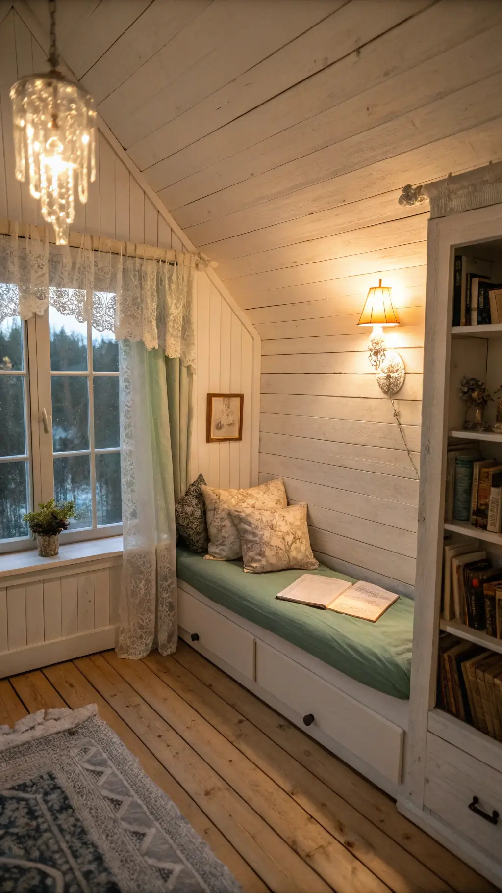 Cozy reading nook in a small cottage bedroom during golden hour, featuring whitewashed wooden walls, original pine flooring, and a sage green cushion on a white-painted wooden seat by the window.
